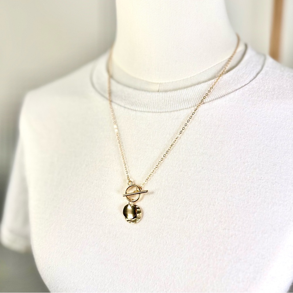 NWOT 18k PVD Gold Toggle Pendant Necklace-Hammered Disc Charm, Adjustable